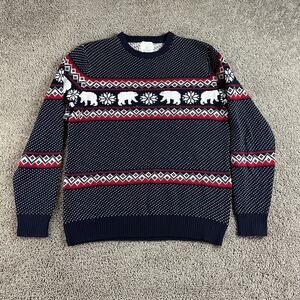 Aspen Sweater Mens L Blue Birdseye Fair Isle Polar Bear Cotton Crewneck Pullover